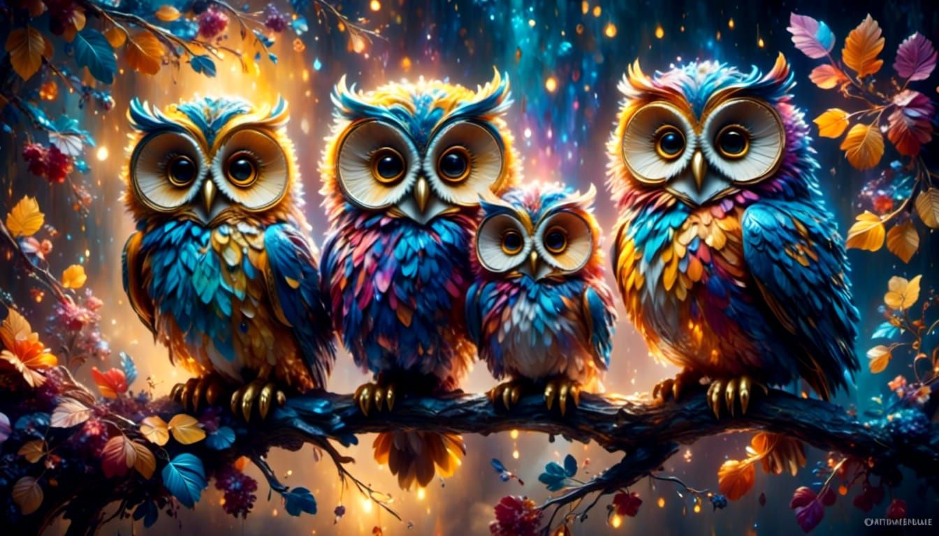 <lora:Mystical Fantasy BLK:1.0> <lora:Cute Fantasy Animals:1.0> <lora:Arrow of Light:1.0> 3 cute colorful fluffy owls sitting on a branch.