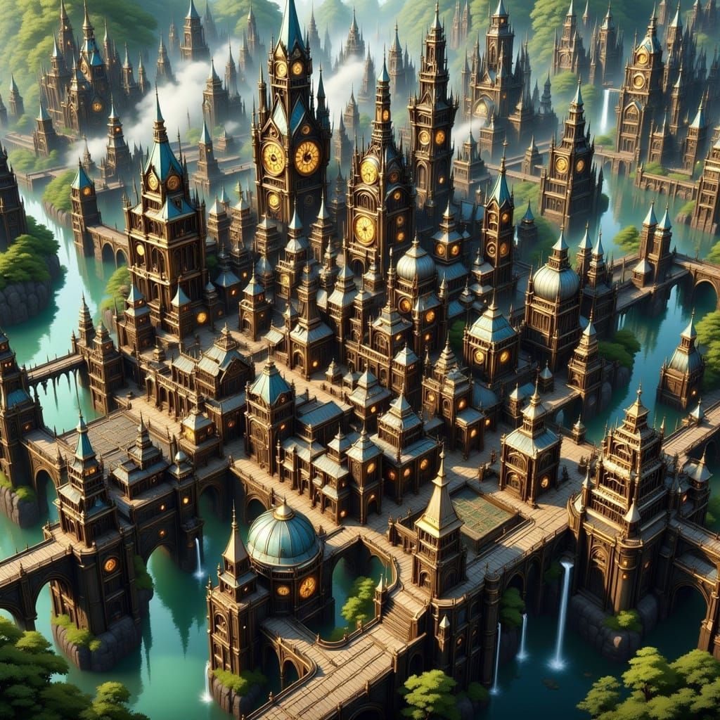 Imagine a vast, intricate clockwork city floating in the sky, with gears turning and steam rising from its many towers and spires. The city ...