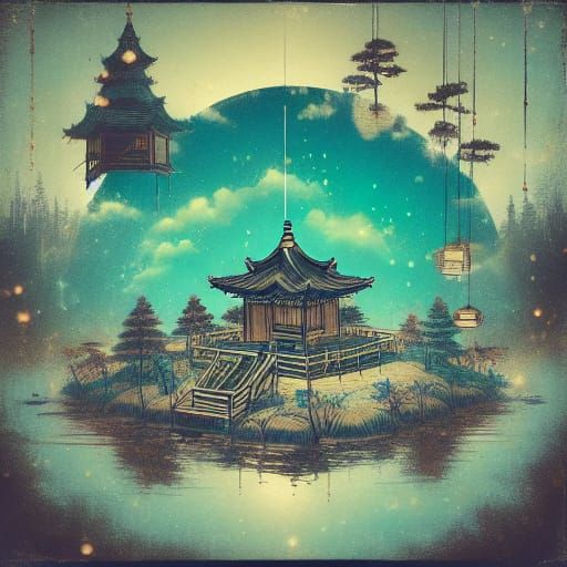 Miniature Teahouse Diorama with Cranes in Ukiyo-e Style