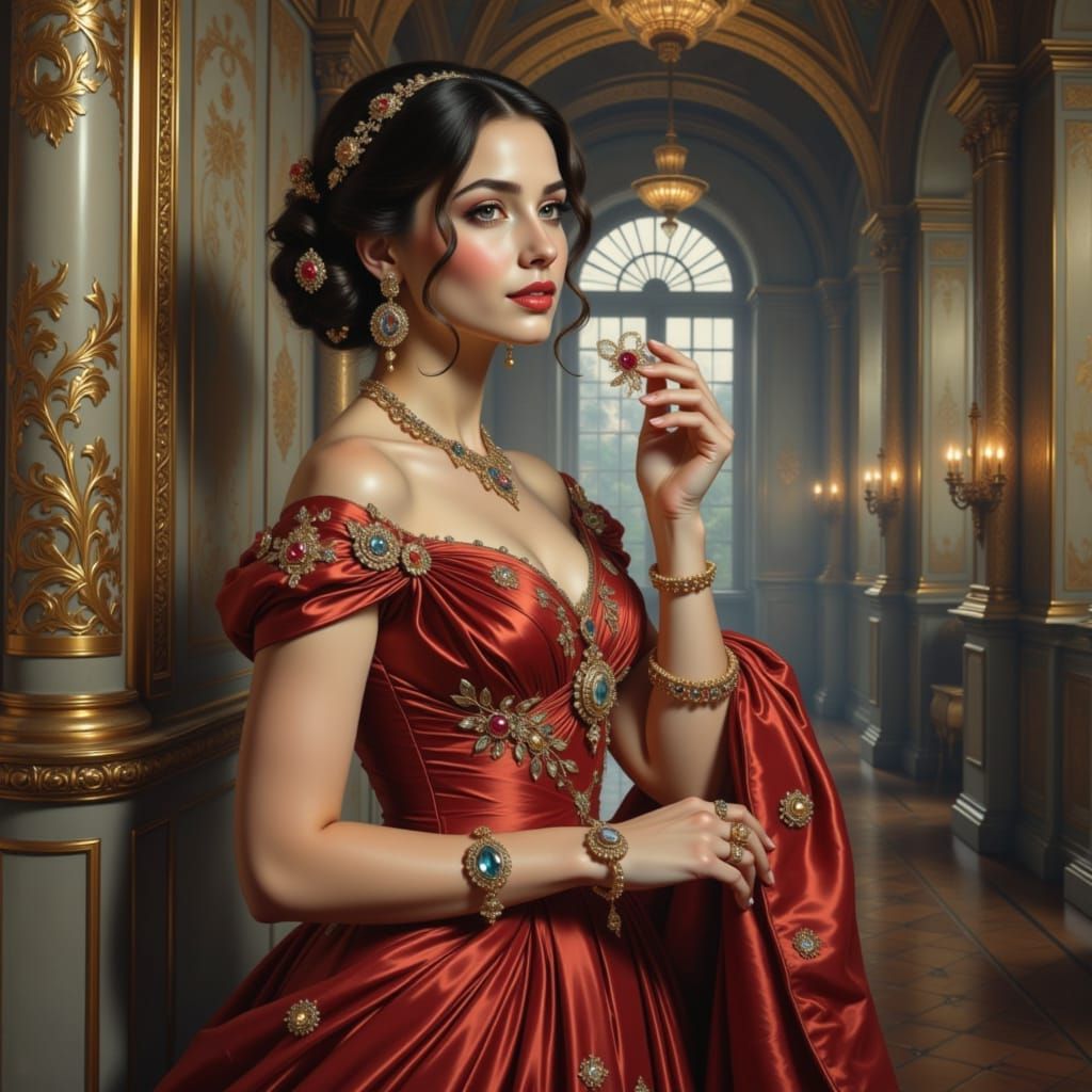 Elegant Woman in Palace Gallery with Jewel-Toned Colors