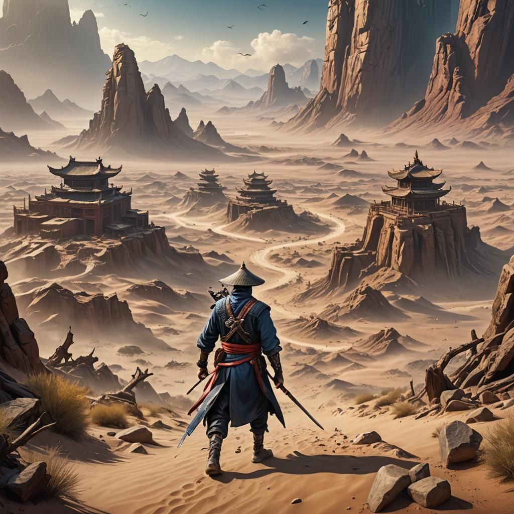 A KungFu fighter carrying walking across a post-apocalyptic desert
