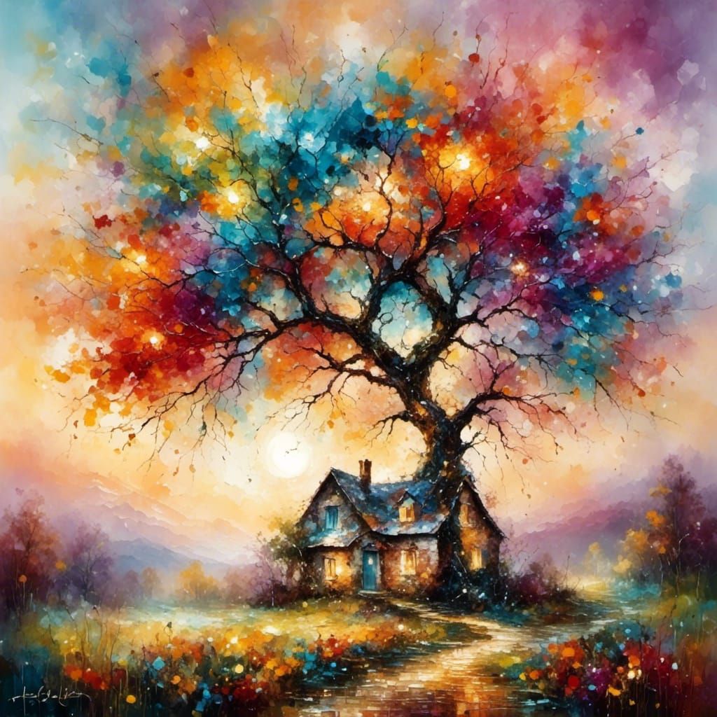 Whispers of Color: A vibrant tree crowns a cozy home, where nature's palette dances in the sky, inviting warmth and wonder.