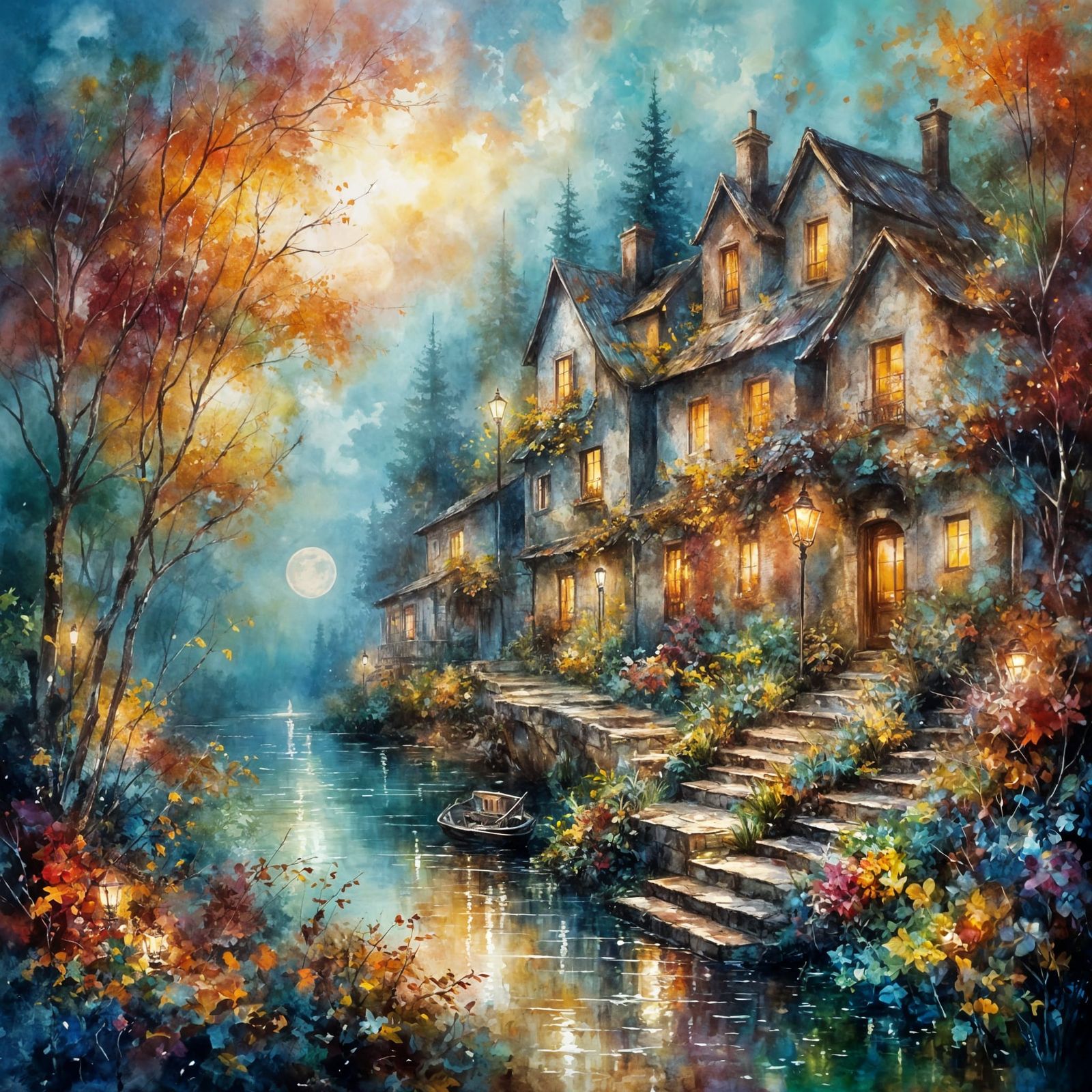 A Tranquil Dusk: A charming, rustic house sits beside a tranquil lake under a vibrant, multi-colored sky, illuminated by ethereal moonlight.  by @Phantazia