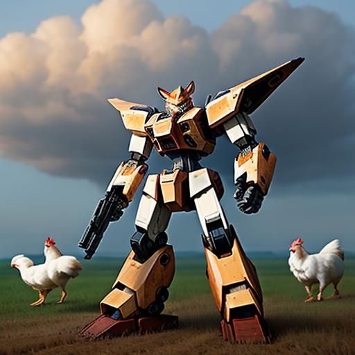 mecha fox chasing chickens, barn in background