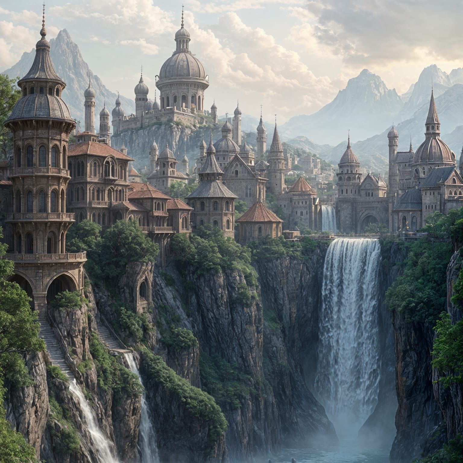 Waterfall Splashing Toward a Magical Retro City