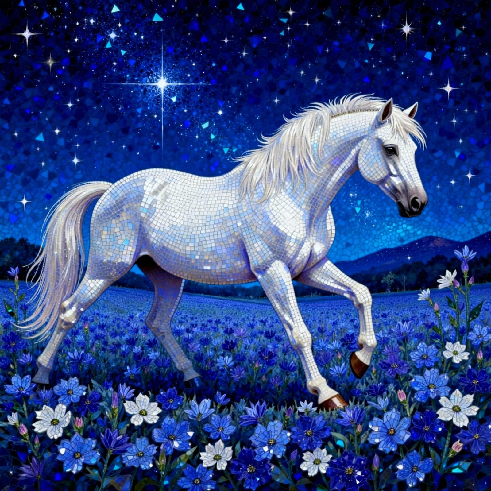 A white horse walking through dark blue flowers in diamond painting style <lora:Diamond Painting:1.0>