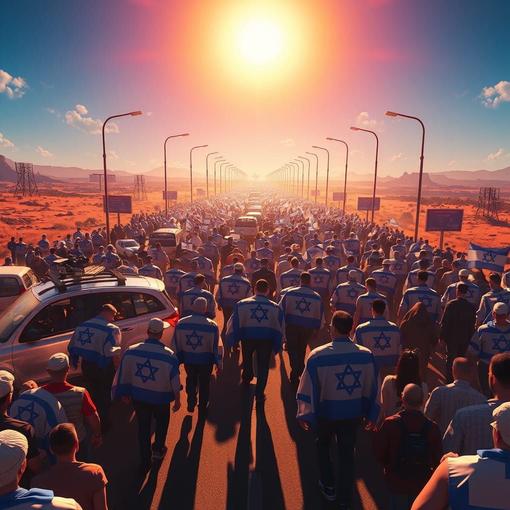 Crowds Marching with Israeli Flags in Dreamlike Concept Art
