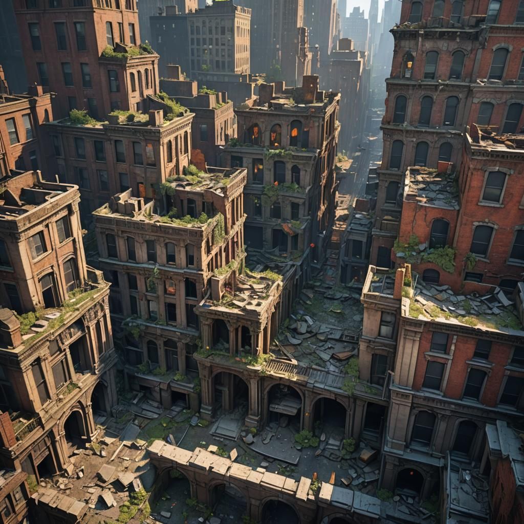 an ultra realistic photo in the ruins of New York City, 32k,...