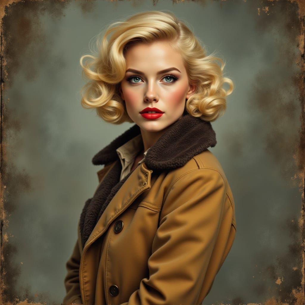 1950s Pin-Up Woman in Winter Coat, Art Nouveau Style