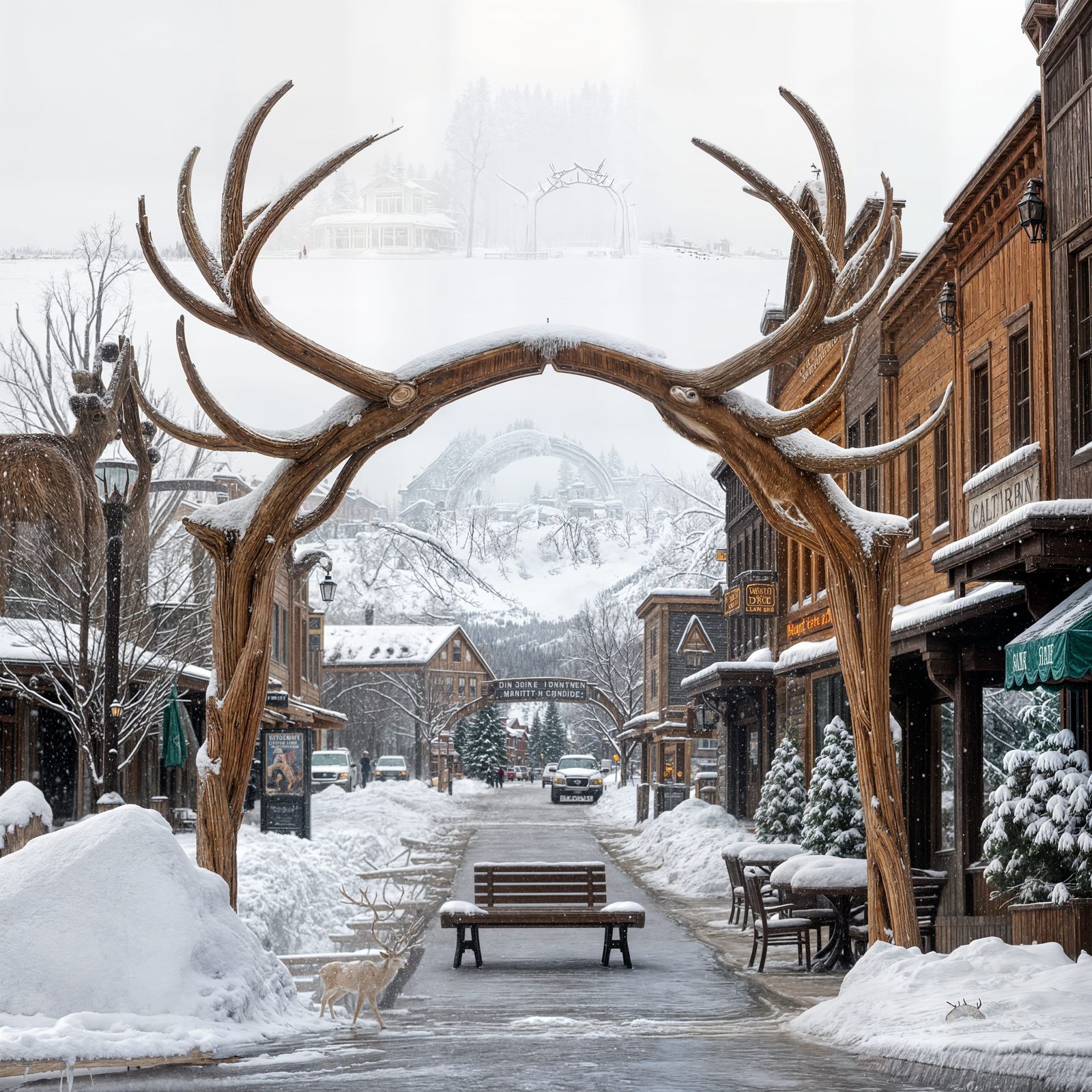 Wintertime places Blizzard conditions in Jackson Wyoming quaint Western town central park Arch made from ...  by @Renda