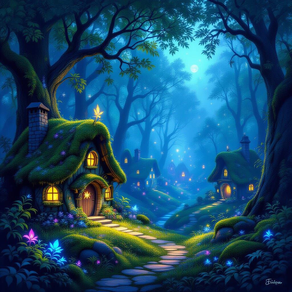 "An enchanted fairy village glowing at twilight, magical scenery, 8K"

