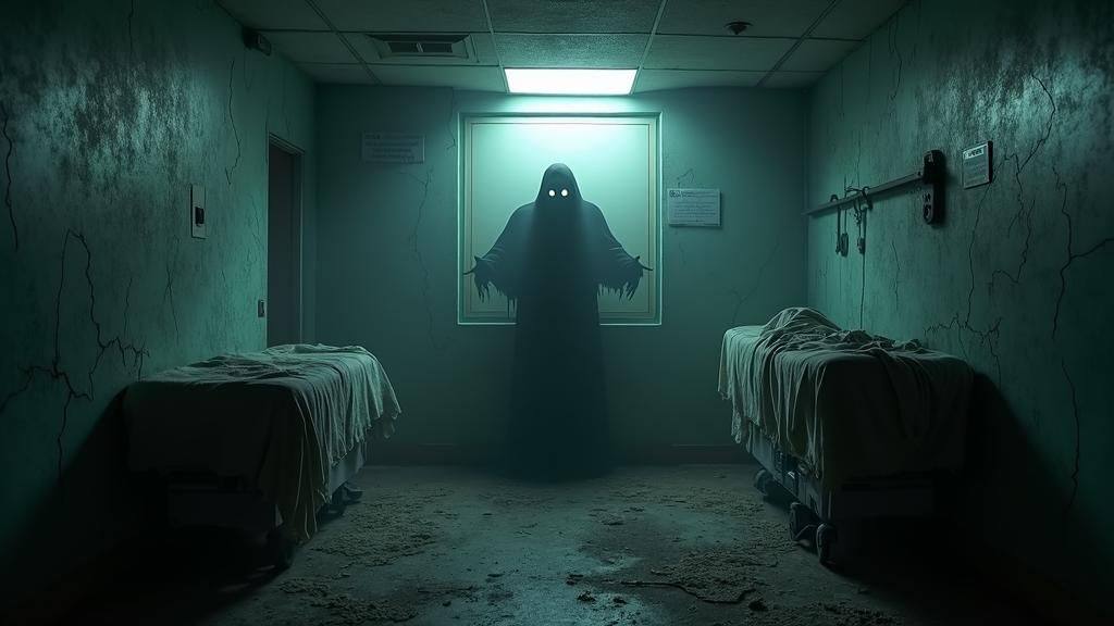 "A shadowy, formless figure with glowing eyes emerges from a dark corner of an old hospital room. Medical equipment in the foreground is cov...