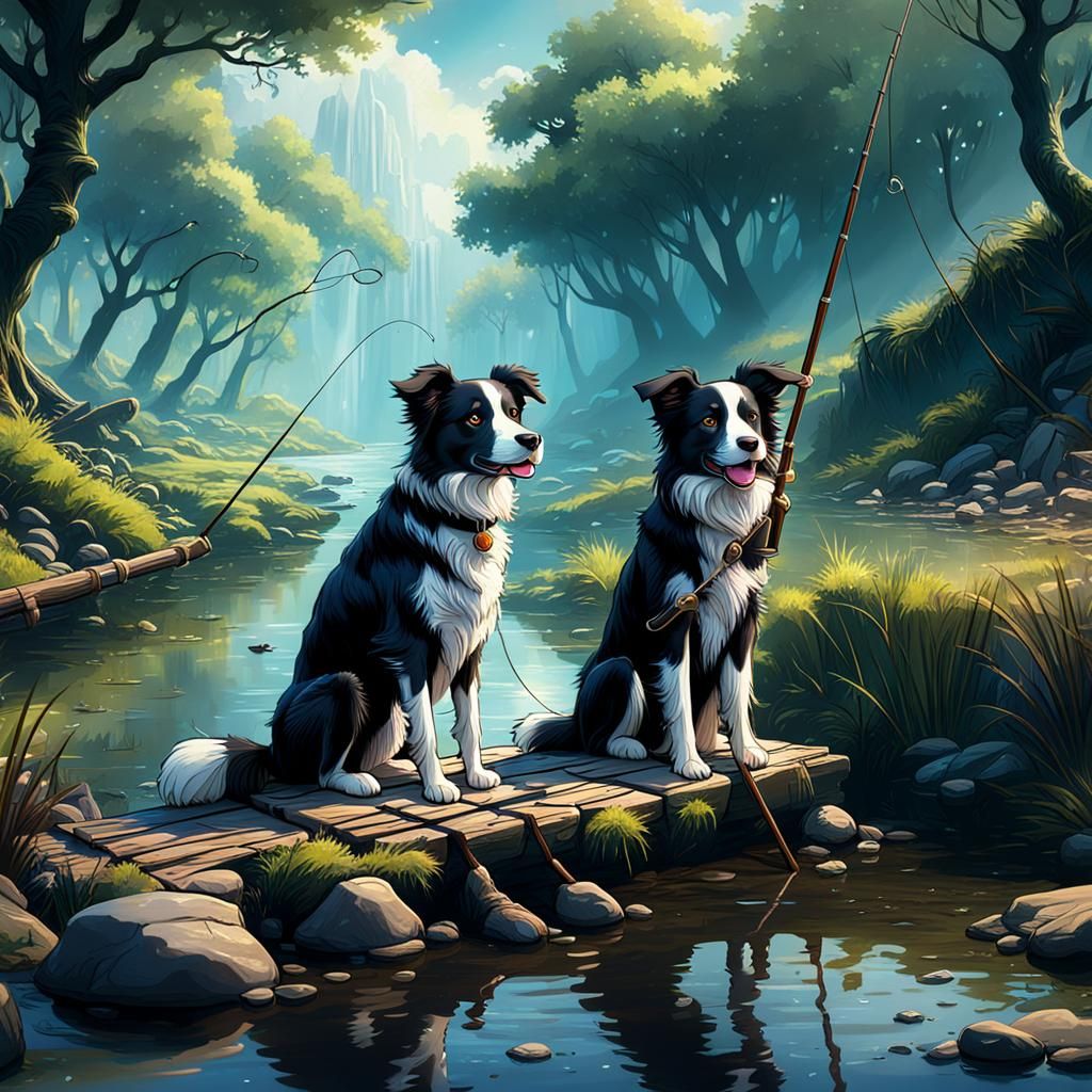 border collies fishing with a cane pole on a creek detailed matte ...