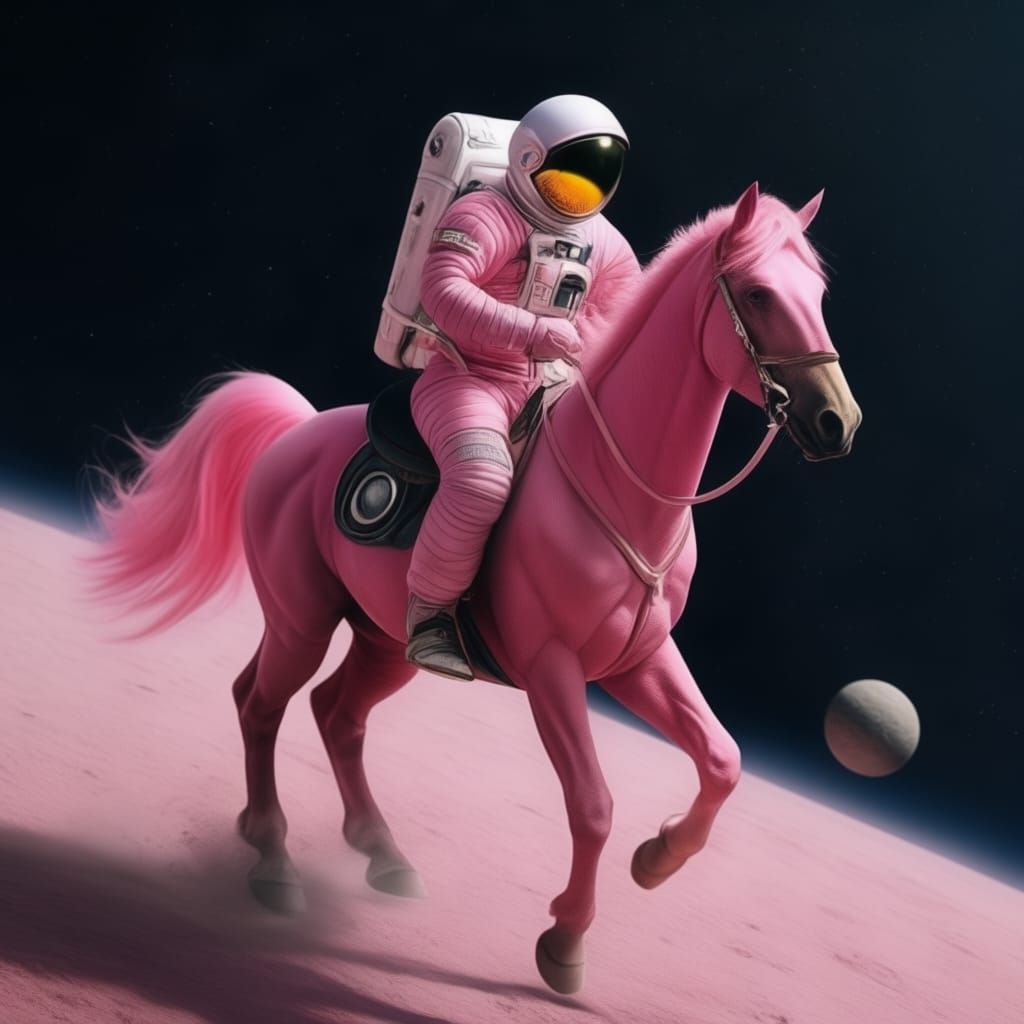 An astronaut riding a pink horse