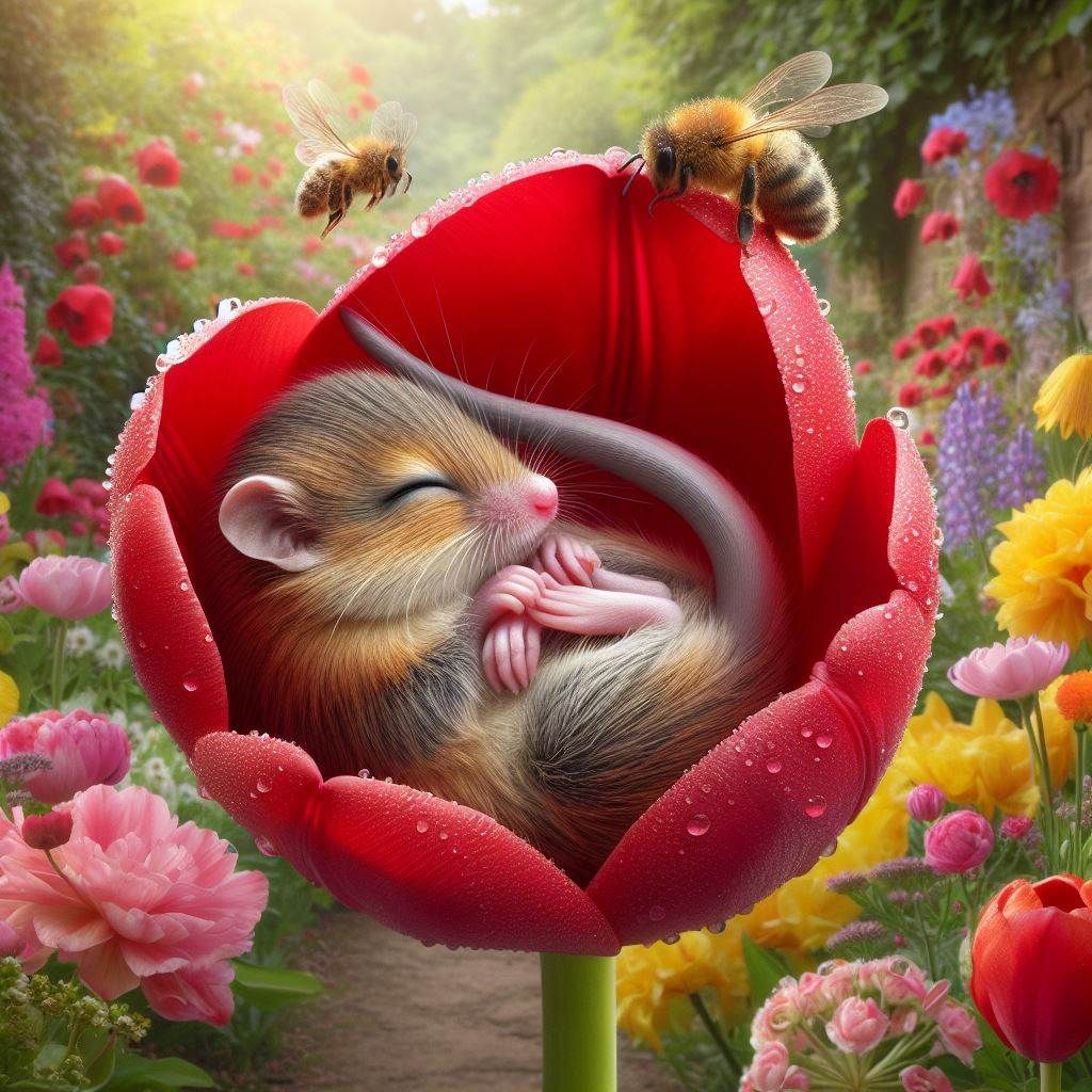 Sleepy Dormouse curled up in a Tulip with dew drops