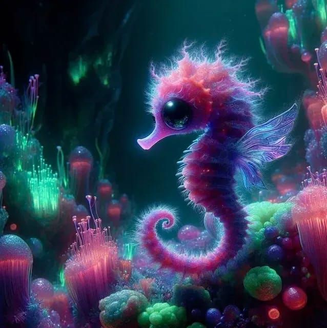 Teeny Tiny Red-Purple Fluffy Seahorse