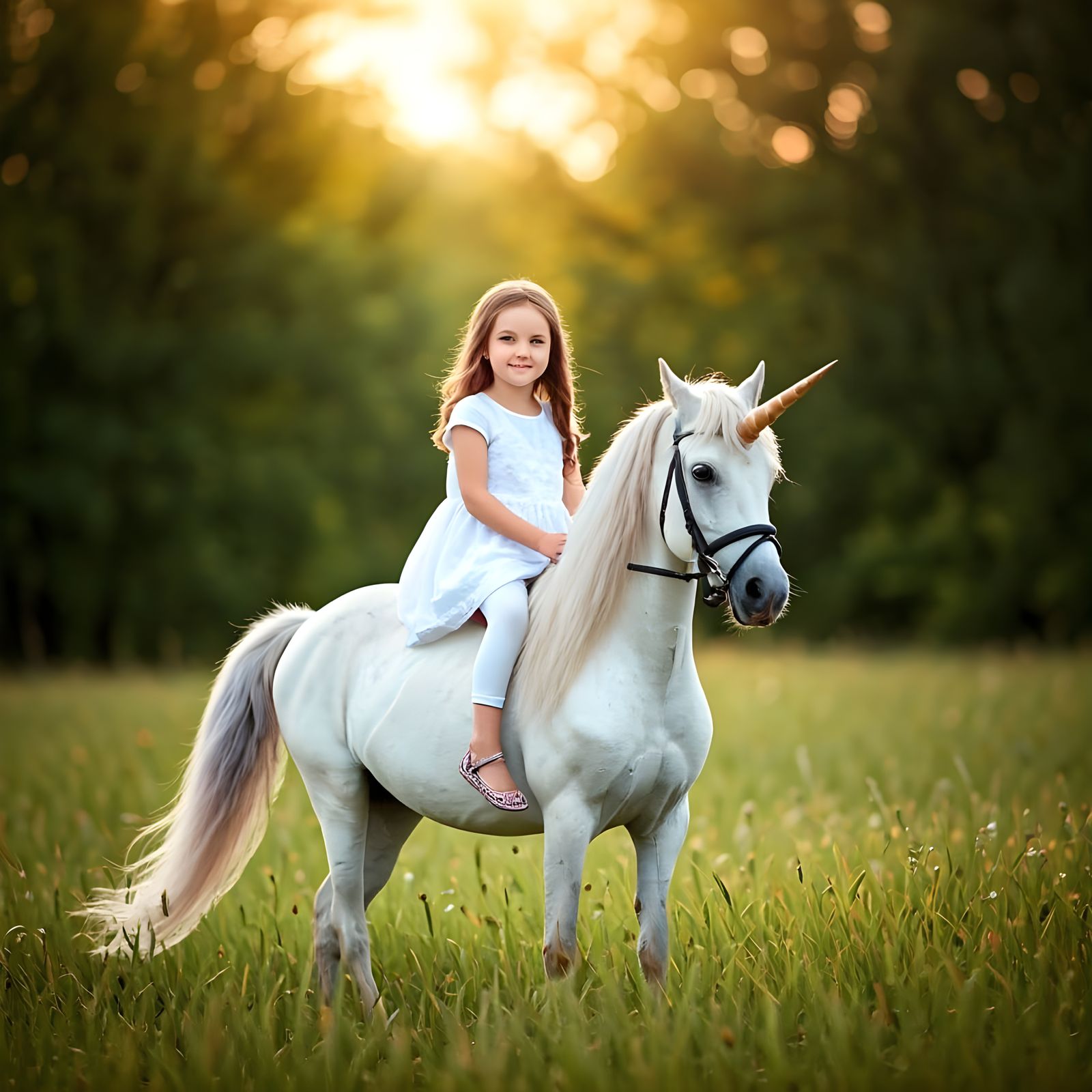 A little girl riding a unicorn in the countryside. Realistic   by @StHelens1980