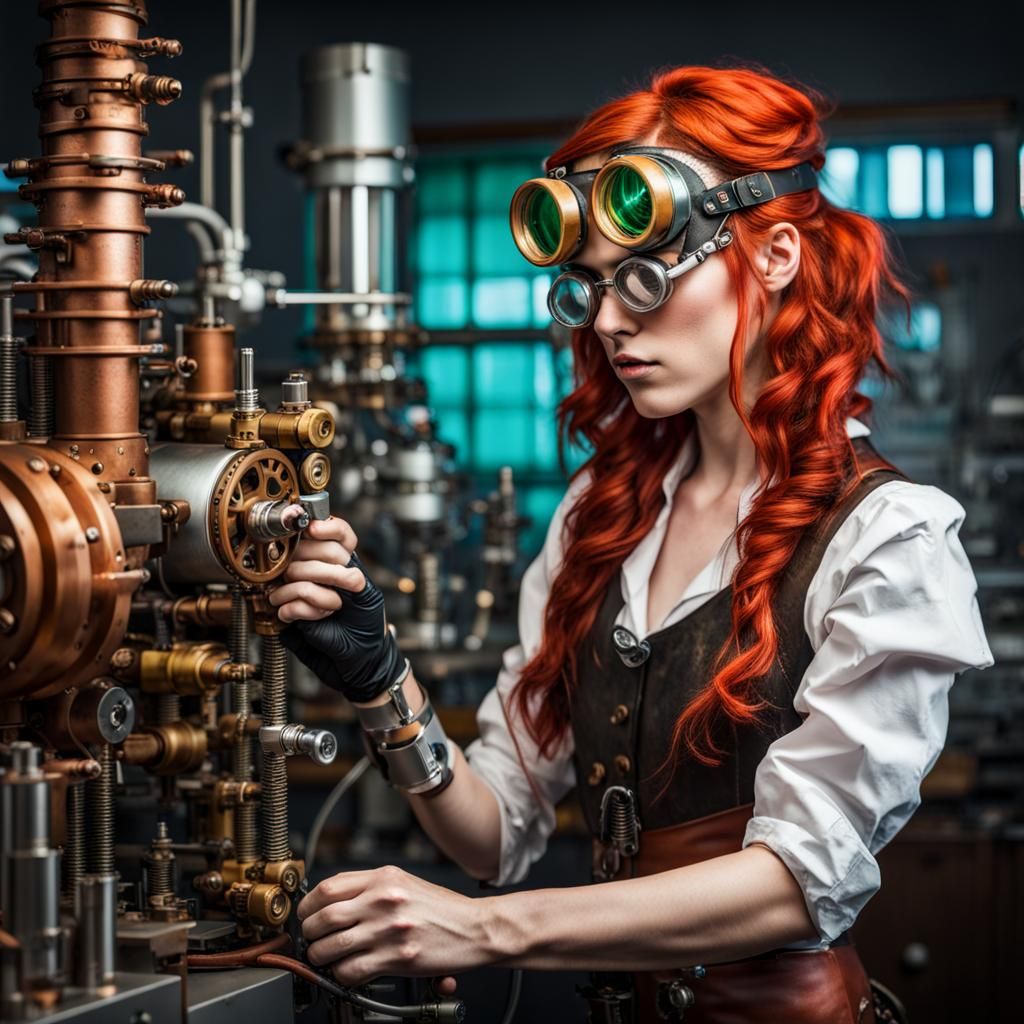 Young woman with red hair, goggles, a mechanical arm, colorf...