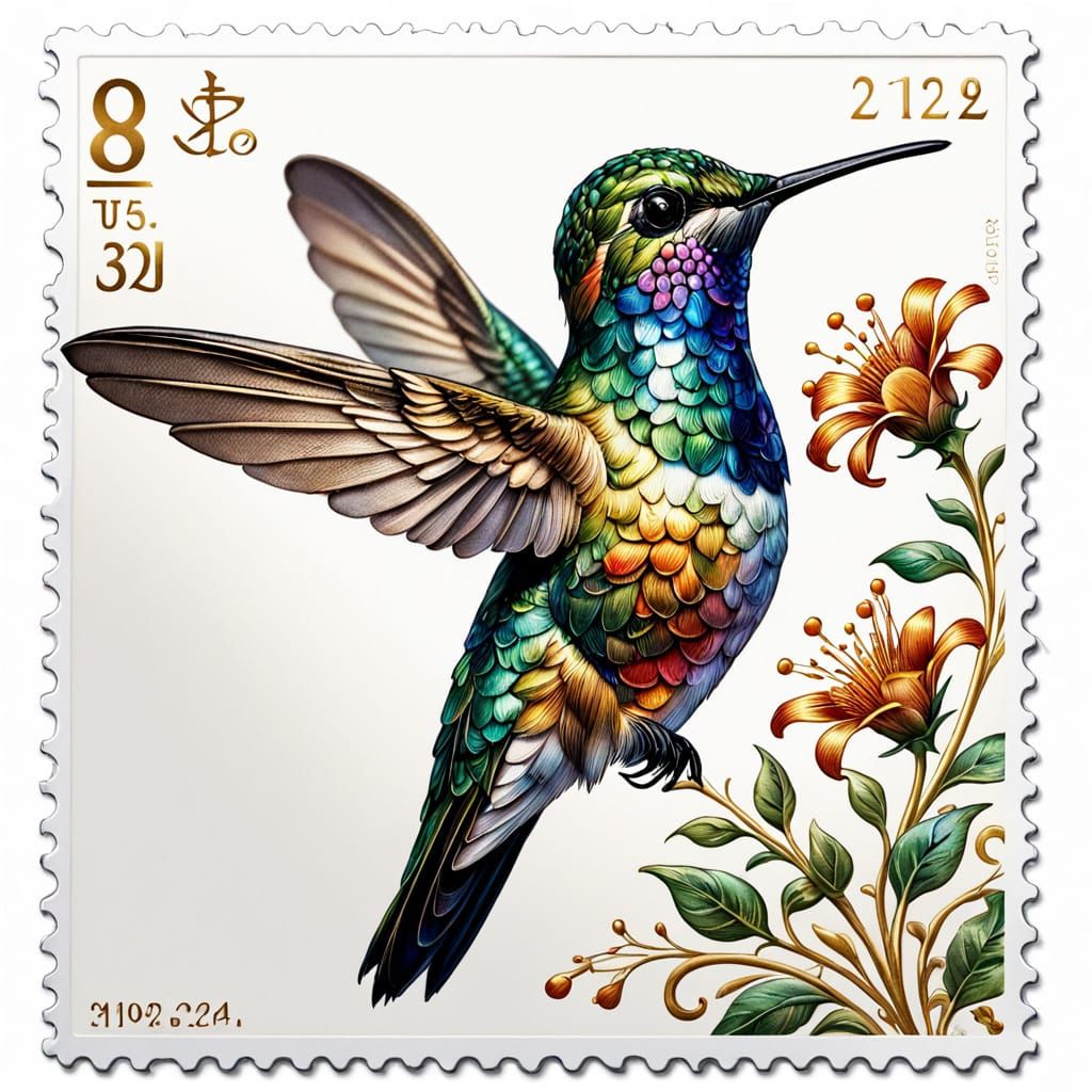 Vibrant Hummingbird Stamp Art in Intricate Engraving Style