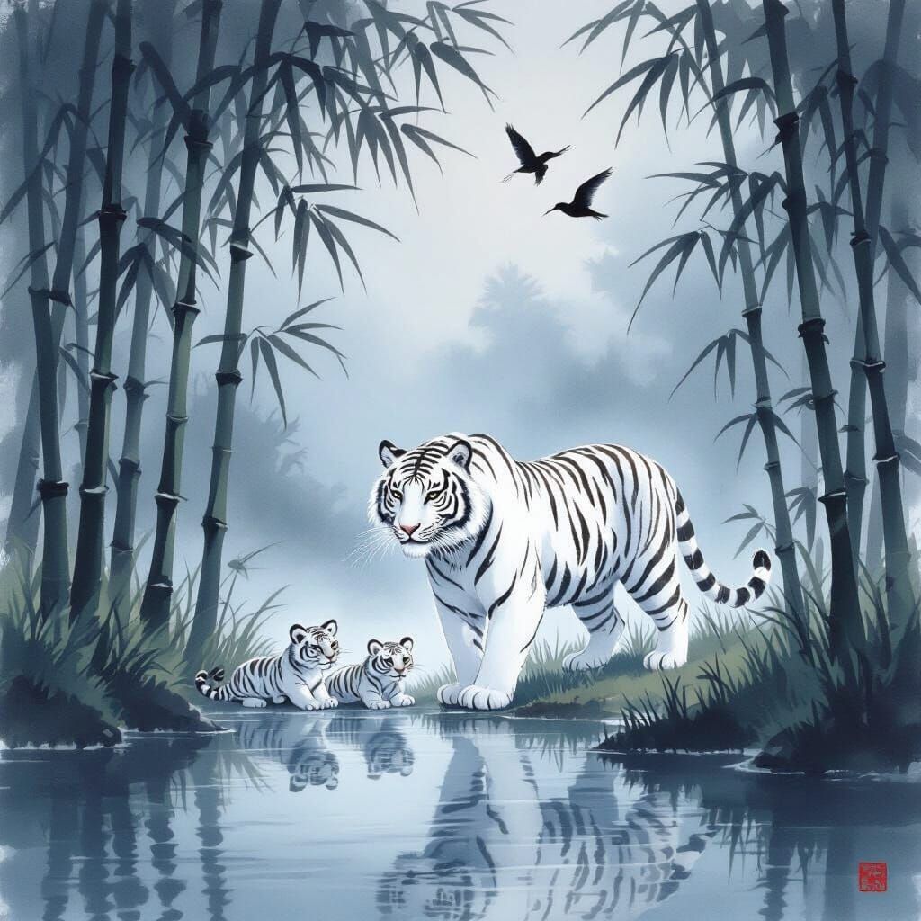 Peaceful Forest : A while tigress with her two cubs, walking out of a forest of bamboo into a clearing, beside a pond at dusk. Two birds fly overhead The scen...