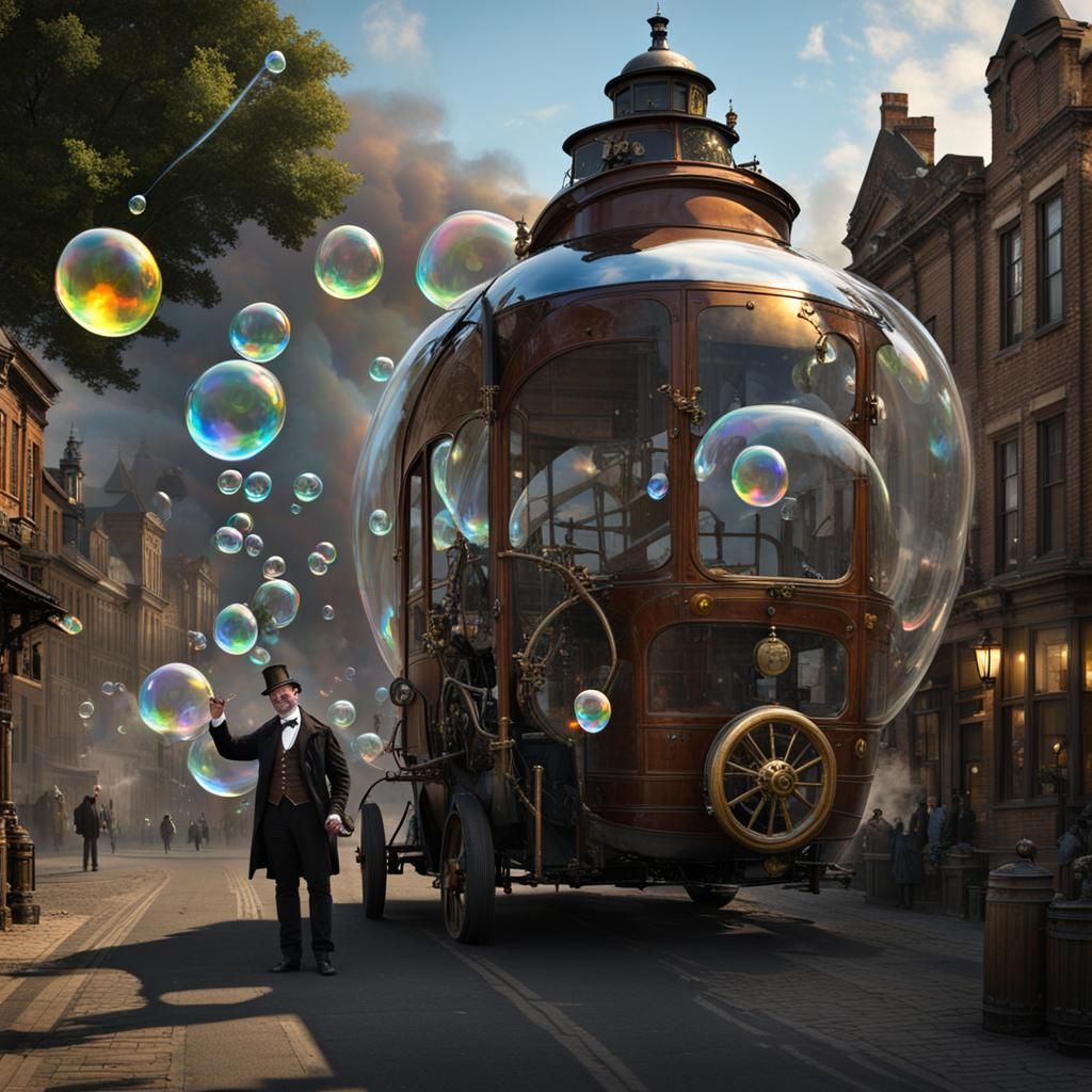 giant bubbles -- bubbles big as bus, 10' to 75' long, being dropped by steampunk airplane over victorian ...  by @GpopB