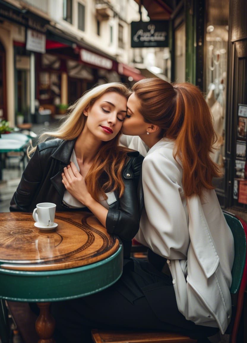 Two beautiful women who are deeply in love kiss and hug each other next to a cafe in Istanbul.