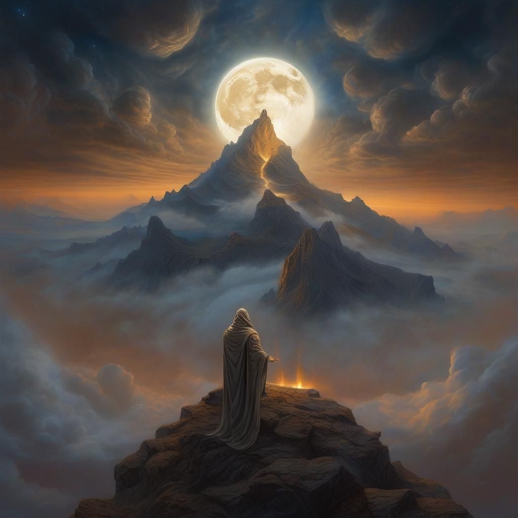 The moon in the sky in the full night over a high mountain, ...