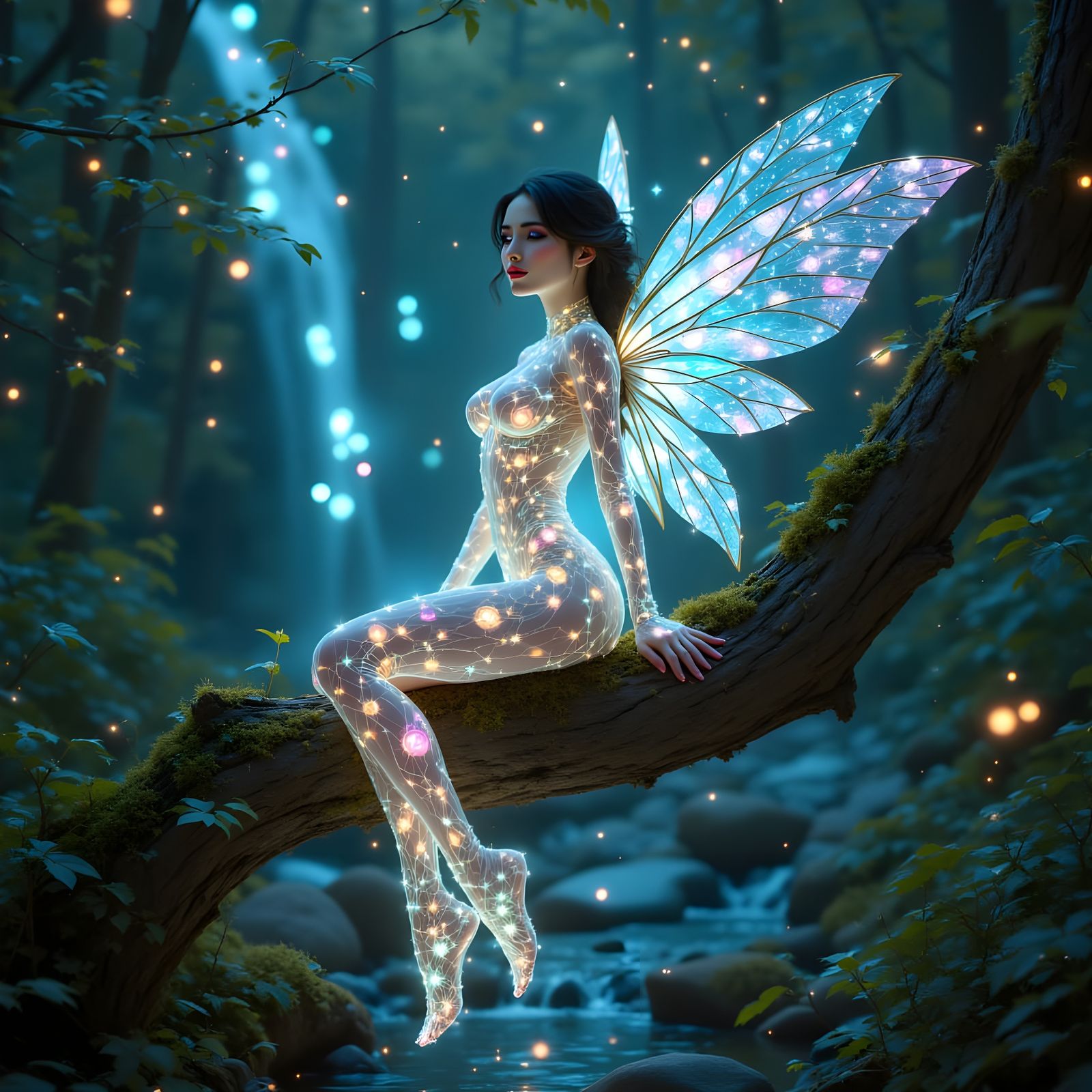 A mesmerizing, glowing full-body portrait of a slender fairy, captured mid-pose while resting gracefully on a sturdy tree branch in a mystic...