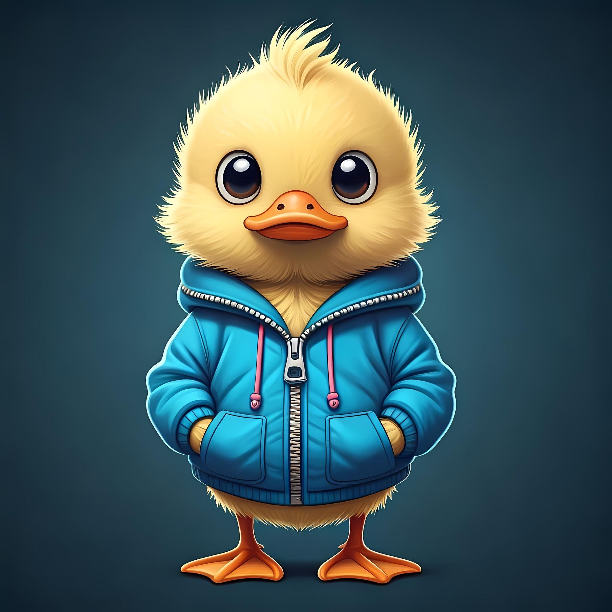 The image depicts an adorable cartoon duckling character. It has a large head with big, expressive eyes and a cute orange beak. The duckling...