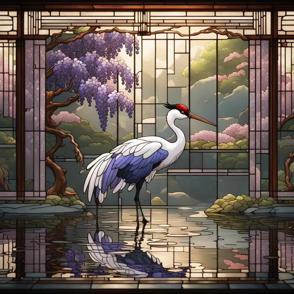 Japanese crane bird standing in pond with well defined Wisteria flowers in border stained glass  by @J Richard
