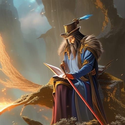 A wizard writing in a book Hyperrealistic, splash art, concept art, mid ...