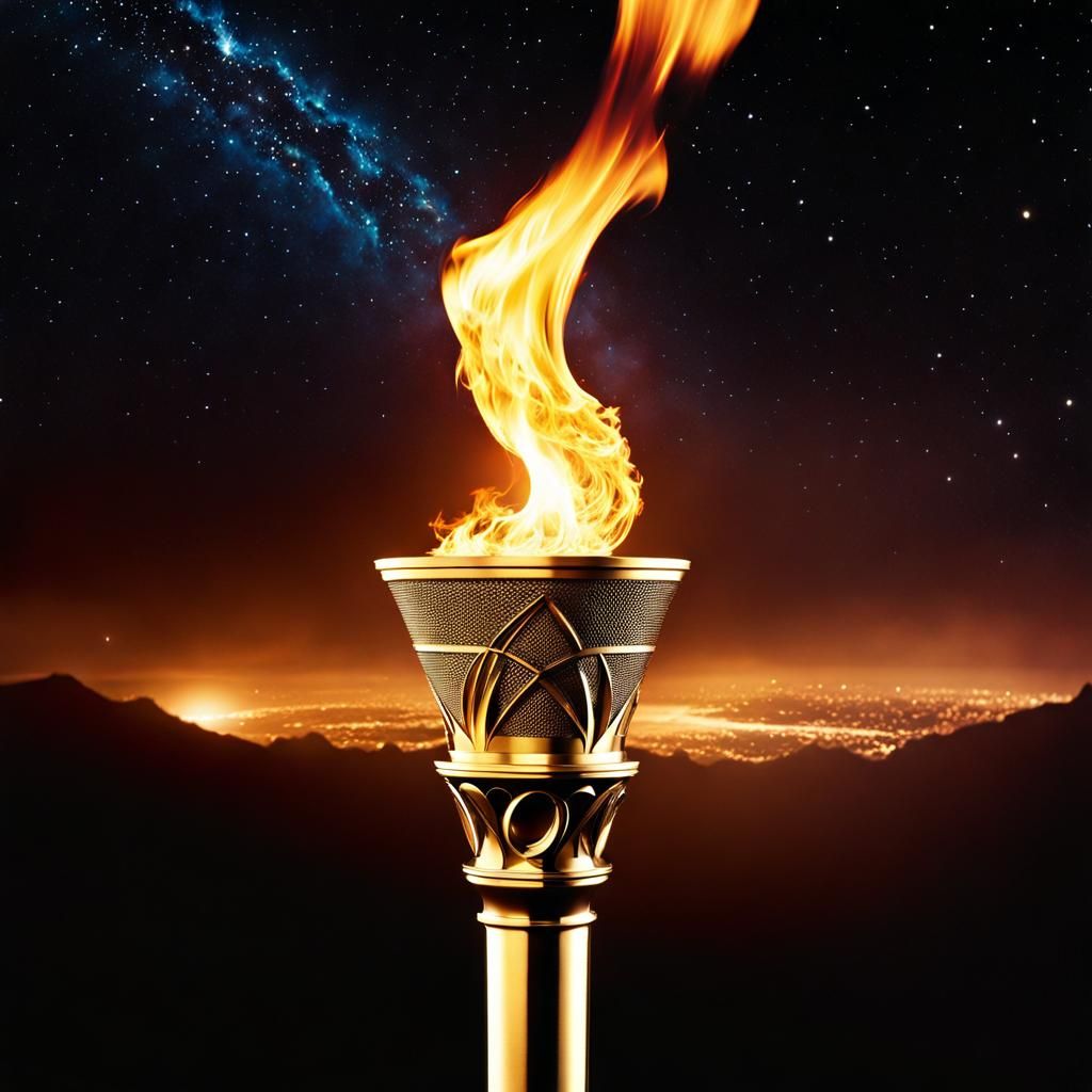 close up of the Olympic torch, flame of hope, burning agains...