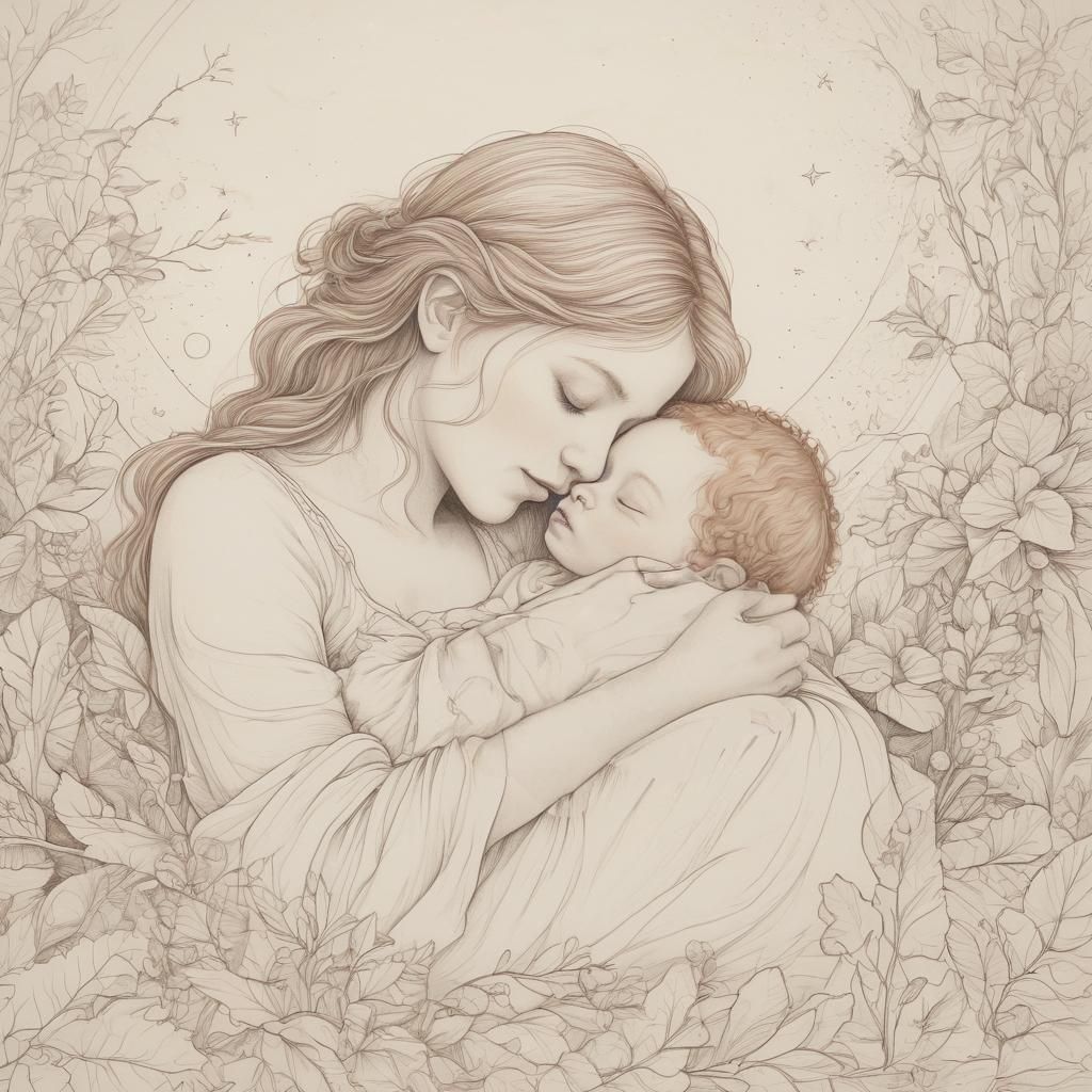 Basic line drawing as if from a colouring book of a peaceful, tender