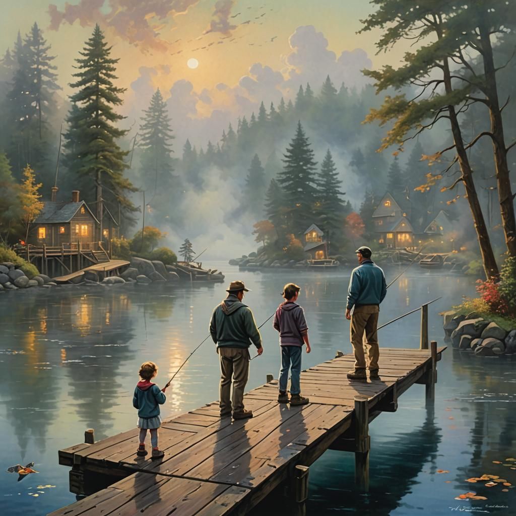 Father fishing with son and daughter off of a dock. gouache ...