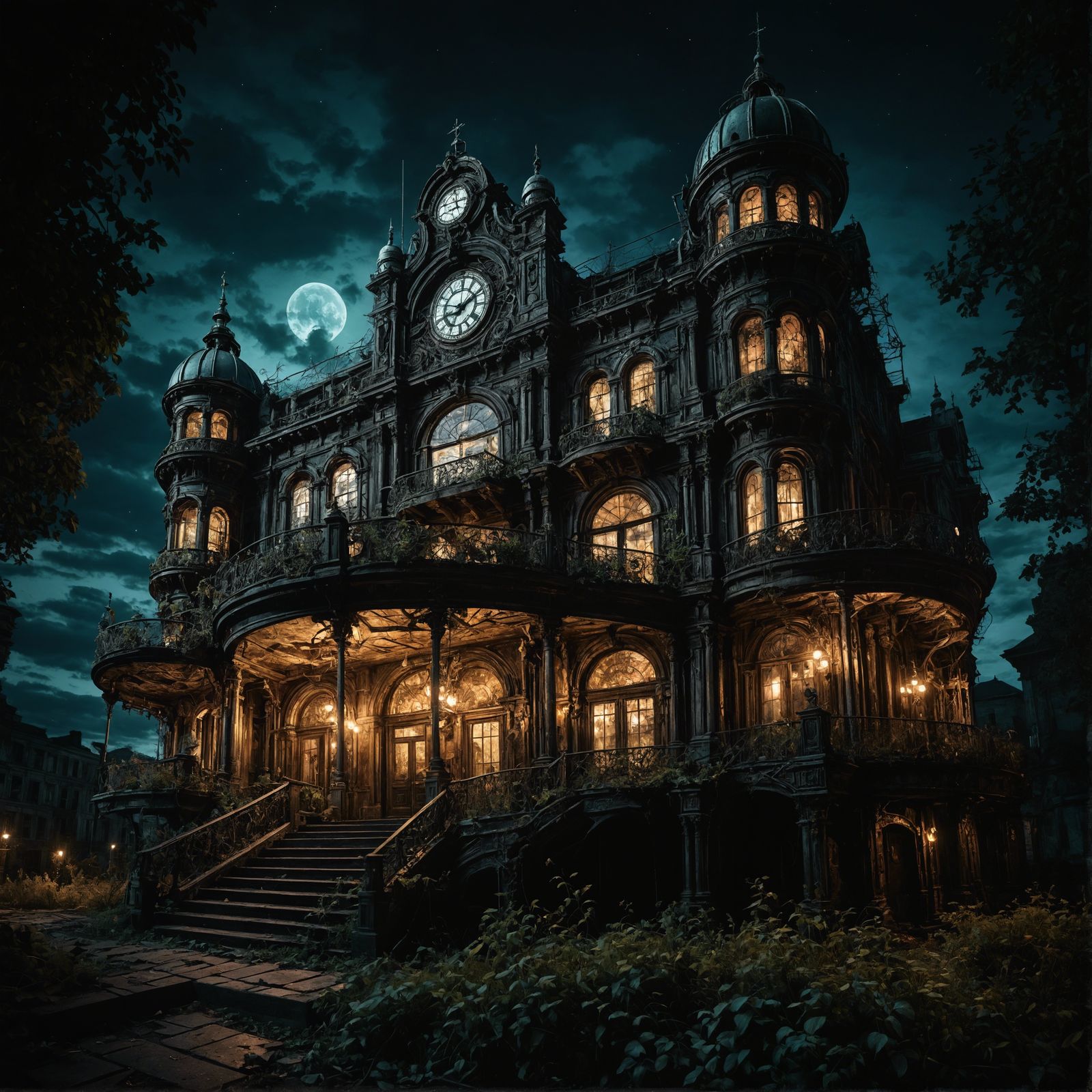 dilapidated theater at night in withered garden