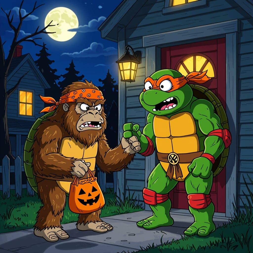 Sasquatch dressed up as a Teenage Mutant Ninja Turtle trick or treating, drawn in the style of the Ren and Stimpy cartoon