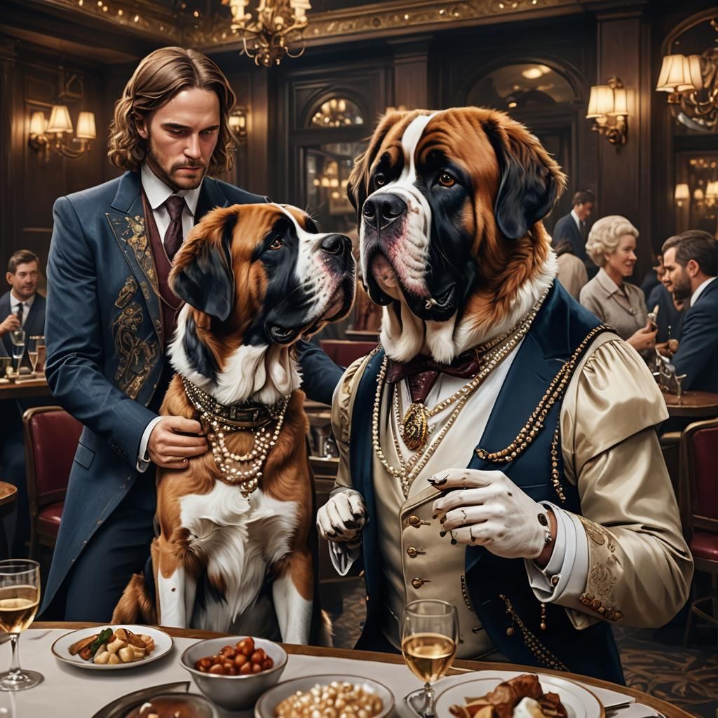 Two St Bernards on a restaurant date feeding each other him in a suit ...