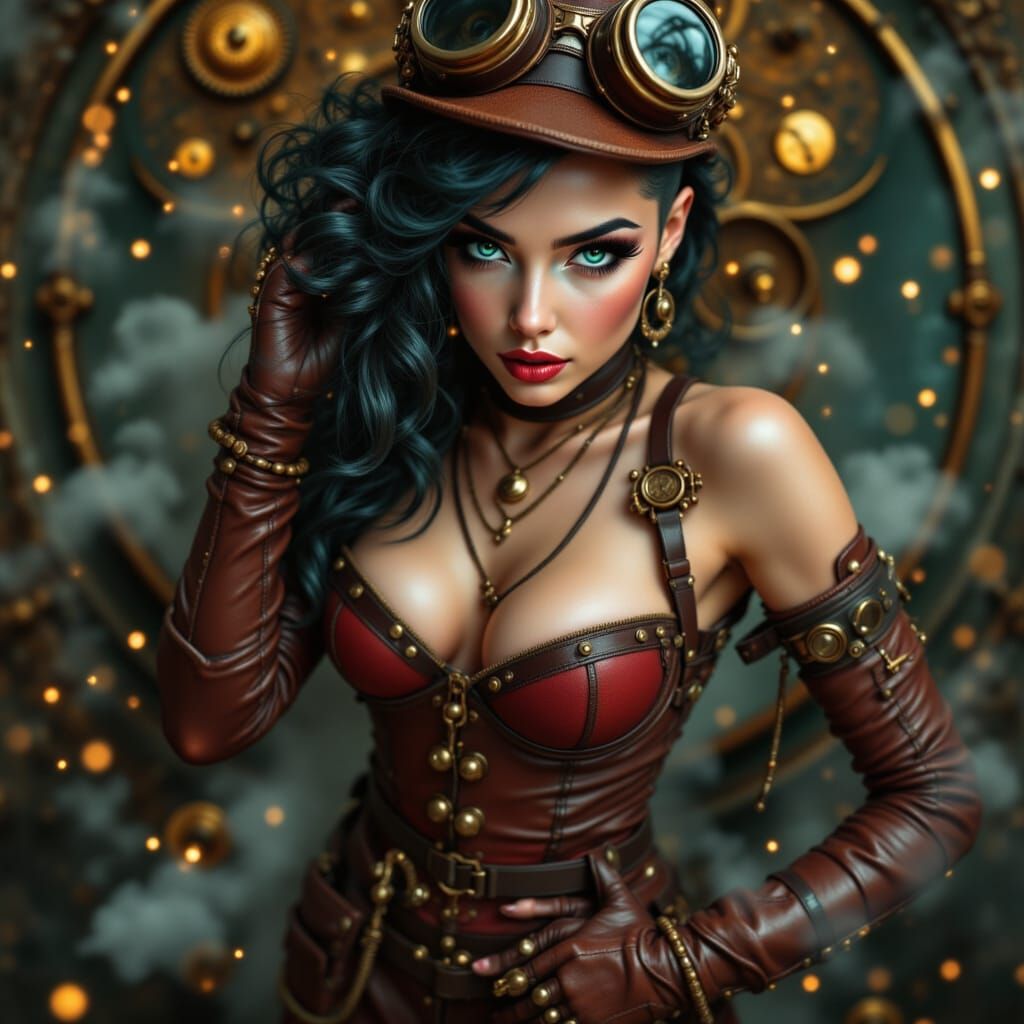 <lora:Steampunk Portrait:1.0> Steampunk pinup posing with a logo ornate with the text, (Text: "Steampunk Portrait")
