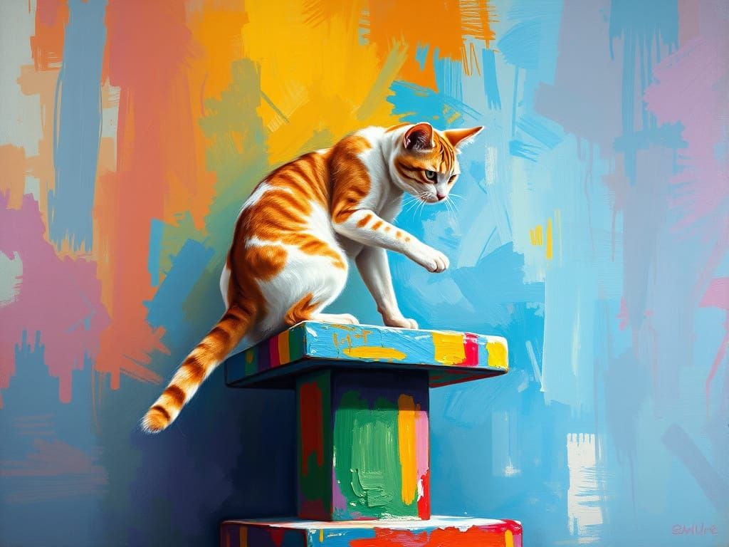 Thick Brushstrokes of Joy: Cat Plays on Vibrant Cat Tower