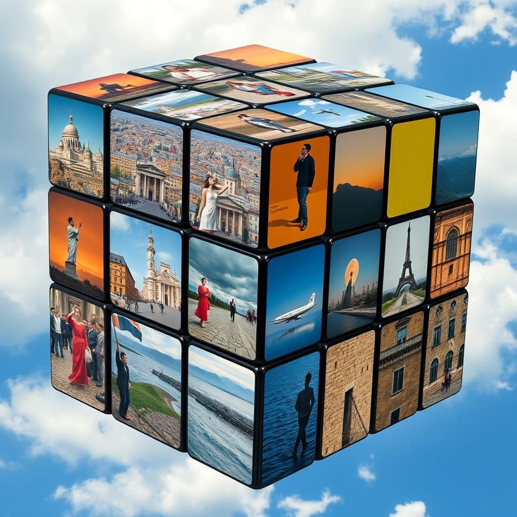 A surreal Rubik's cube that shows different scenes of differ...