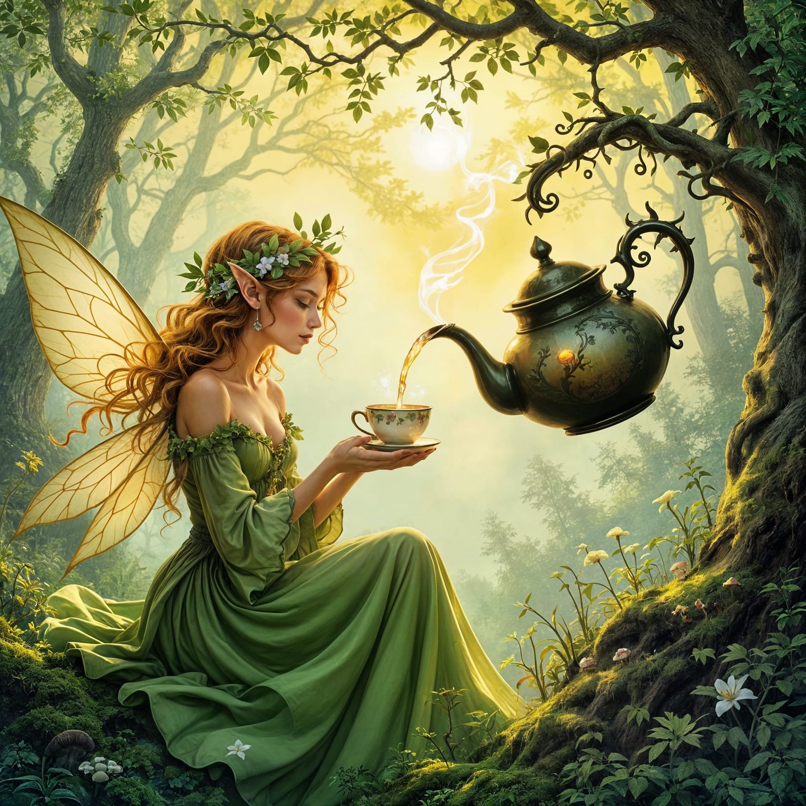 A whimsical scene of a sentient teapot pouring glowing, magical liquid into a teacup held by a mischievous ...  by @Дарья Бортникова