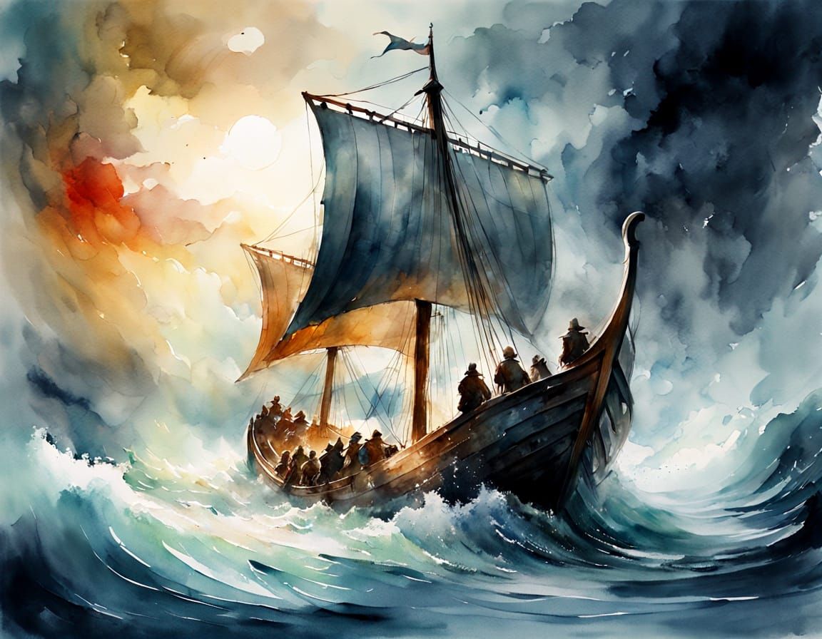 Double exposure of a Viking ship sailing a stormy sea, with spectral crew, This artwork harmoniously ...  by @Sheeva