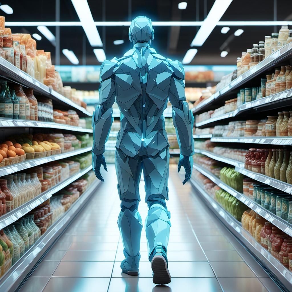 Bioluminescent transparent human being walking through Grocery store. By artist "anime", 3d anime art, inspired by WLOP,...