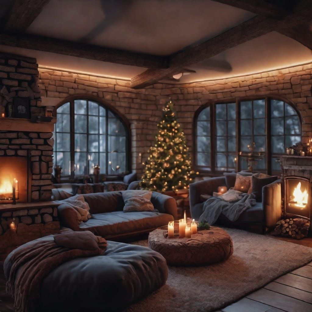 A cozy and charming cyberpunk living room in a 1 bedroom apartment on the Moon. Night time. European architectural influ...