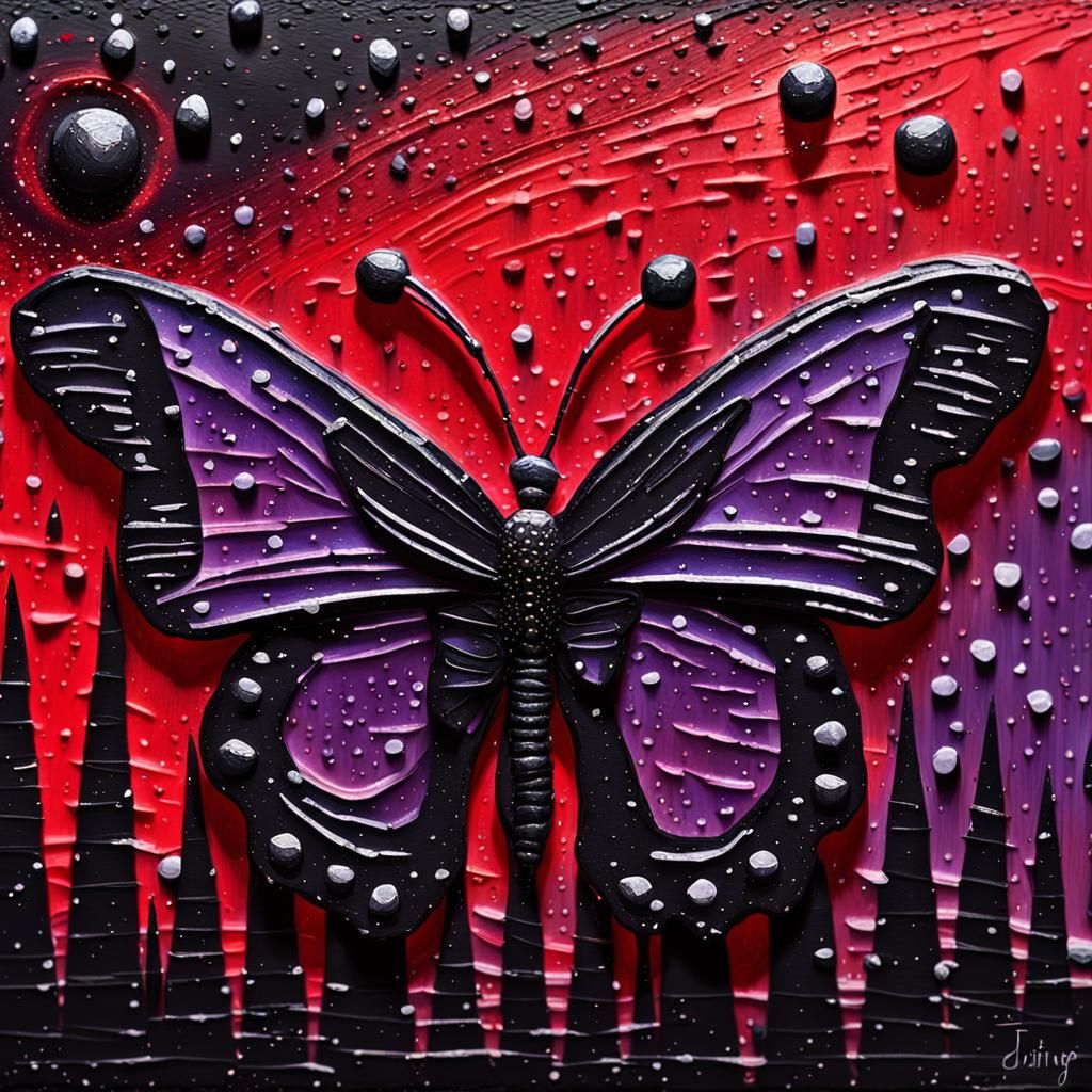 Impasto Butterfly with Red Wings in Rainy Sky