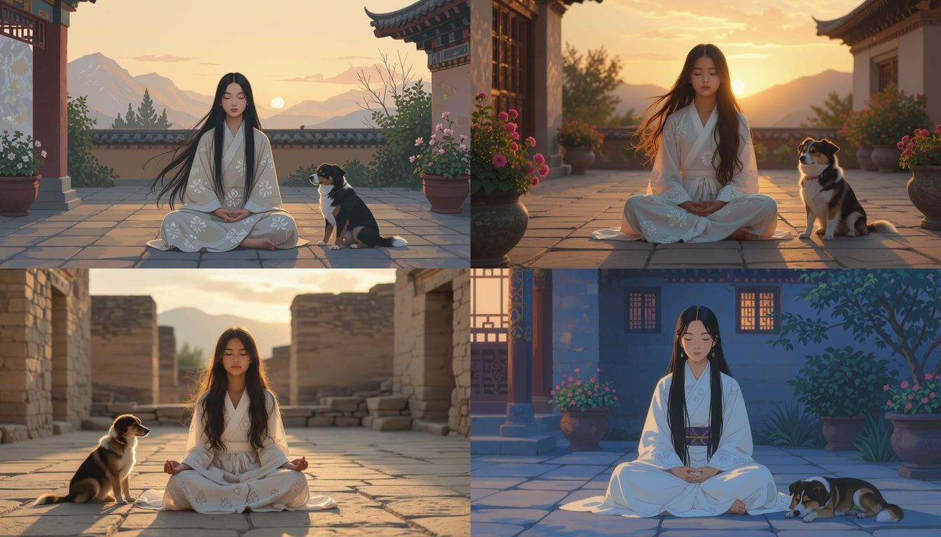 Tibetan Girl Meditating in Ancient Garden at Dusk with Dog