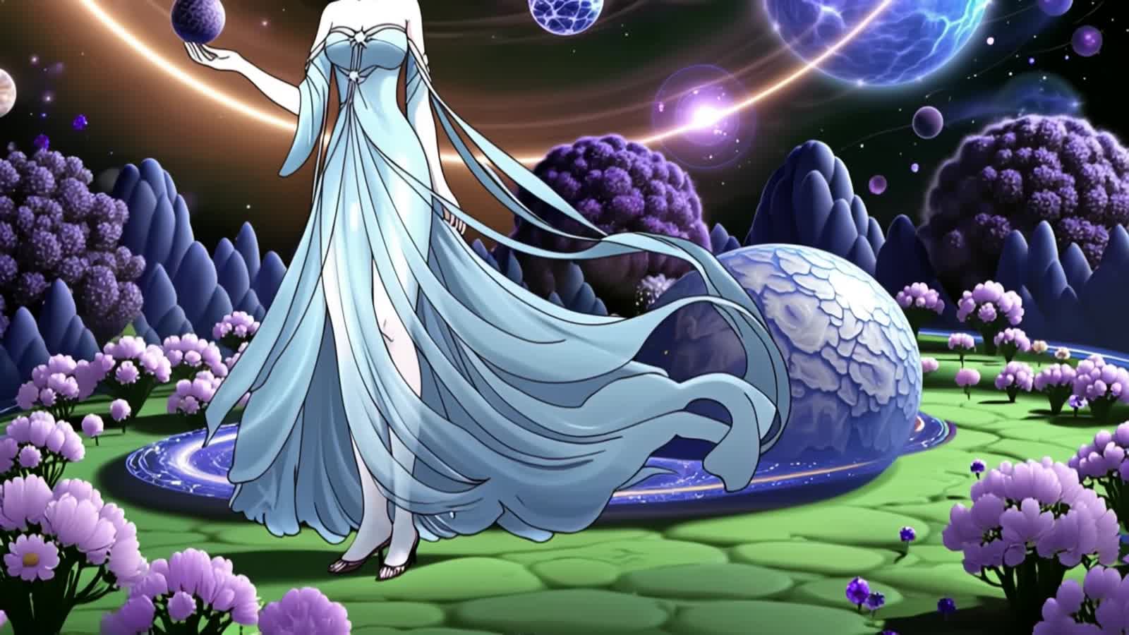 A celestial goddess adorned with flowing robes of pure starlight, her hair a cascade of shimmering nebulae, stands in a ...