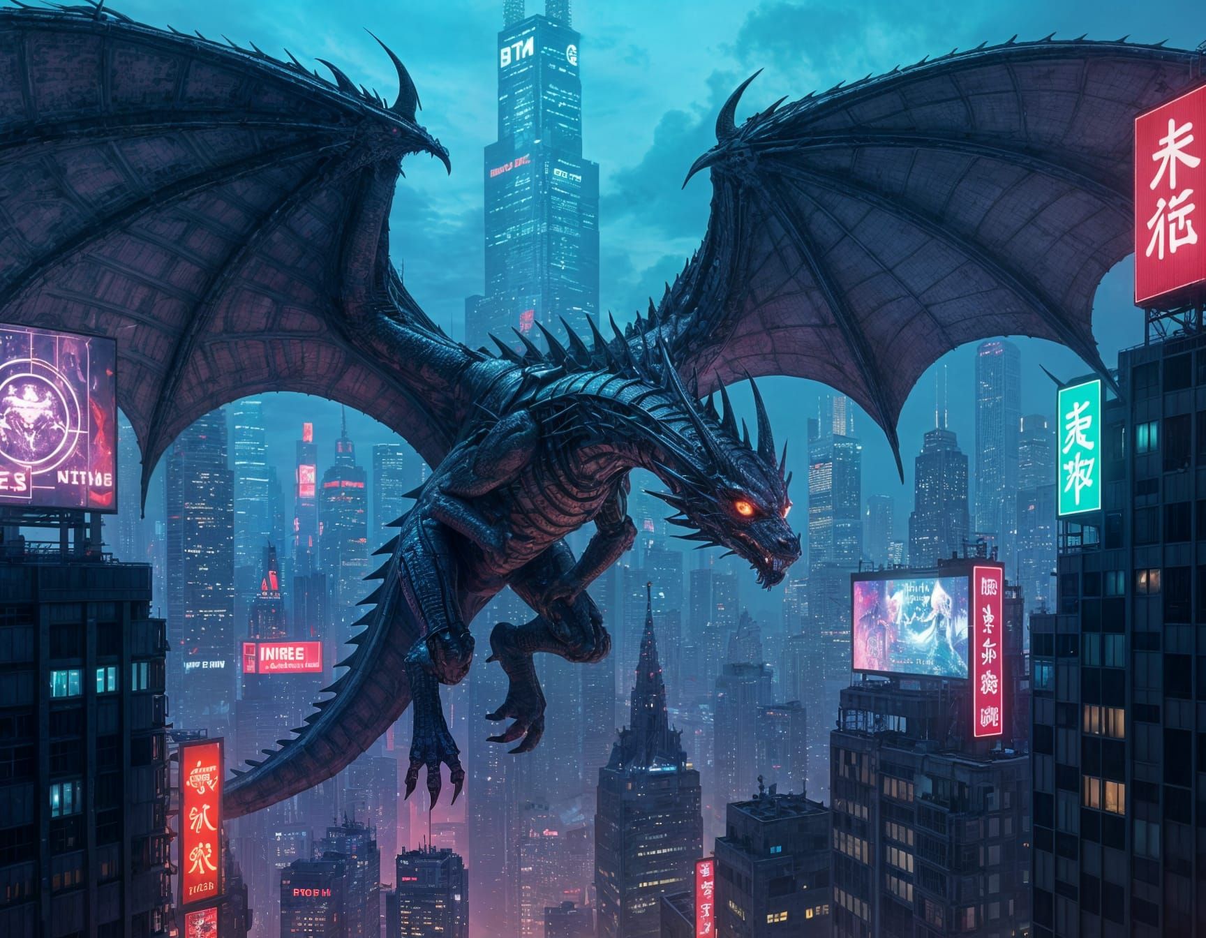 Colossal bio-mechanical dragon soaring through a cyberpunk metropolis