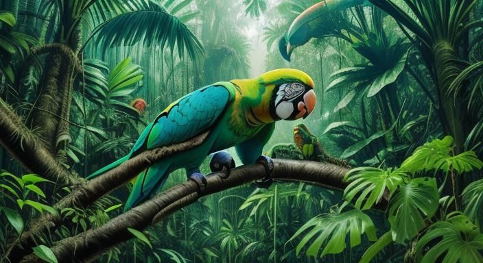 a dense jungle filled with lush vegetation and the sounds of...