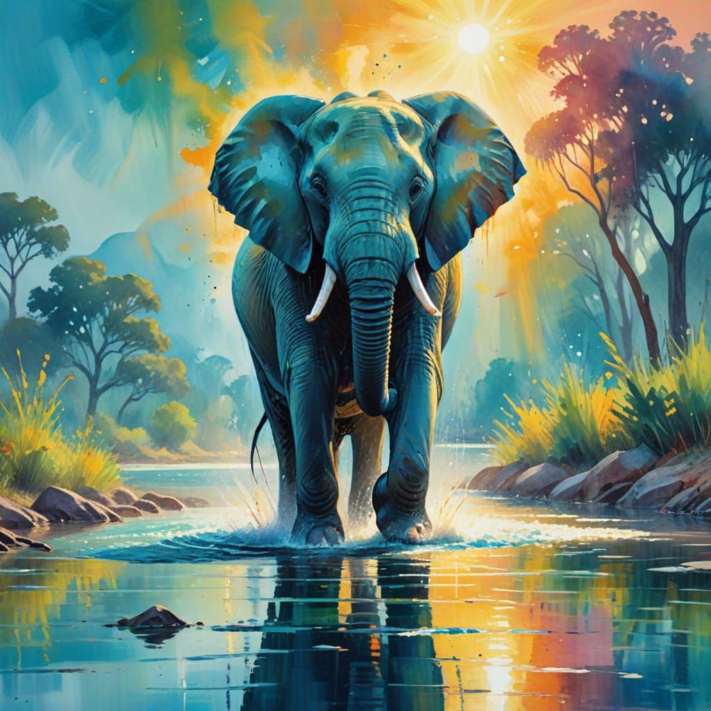 African Elephants Play in Lake: Watercolor Art